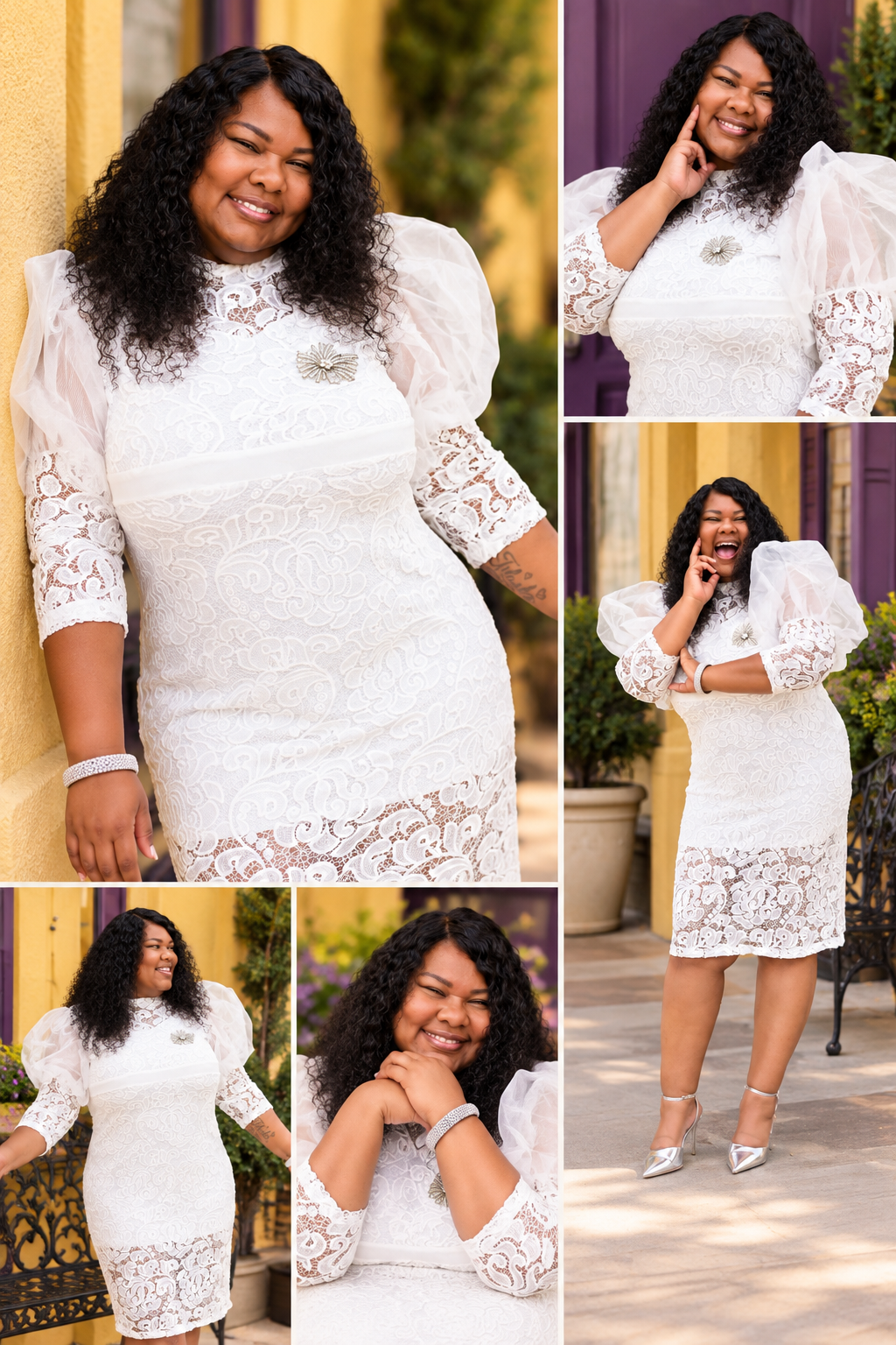 Five portrait photographs of Pastor Tilesha Warren in a white lace dress